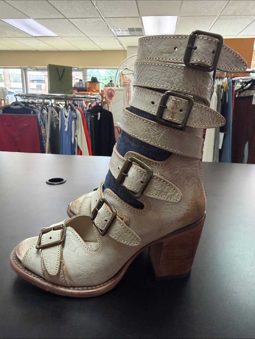 freebird Cream Strappy Buckle Open-Toe Heeled Boots with Denim Inset - Picture 14 of 15